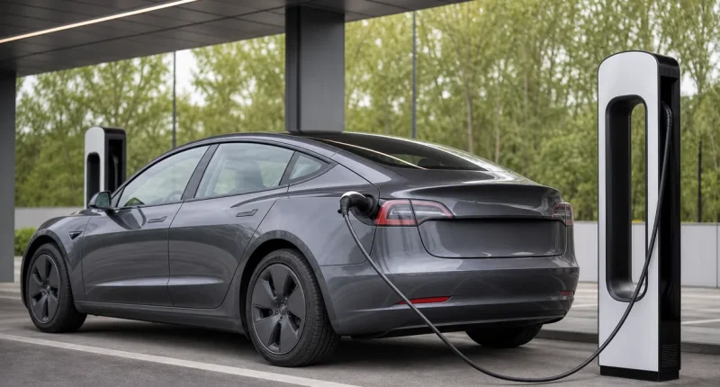 Laddhybrid-SUV ansluten till hemmaladdbox på uppfart en höstmorgon