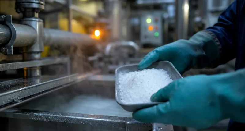 Vit litiumkristall i händer vid industriell återvinningsanläggning