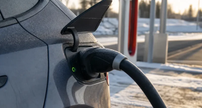 Laddkabel ansluten till elbil vid en Tesla Supercharger-stolpe i vinterljus