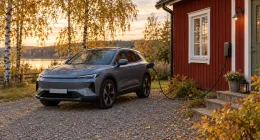 Kompakt elbil laddas vid en röd trävilla en höstkväll