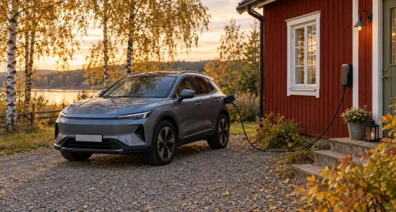 Kompakt elbil laddas vid en röd trävilla en höstkväll