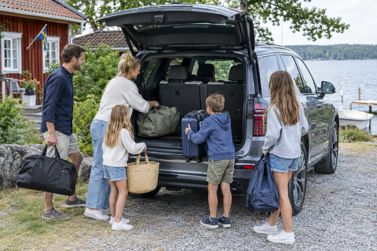 Familj packar bagage i en stor eldriven SUV med sju säten