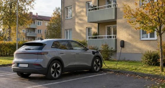 Elbil laddas på en parkering vid ett flerbostadshus i en bostadsrättsförening