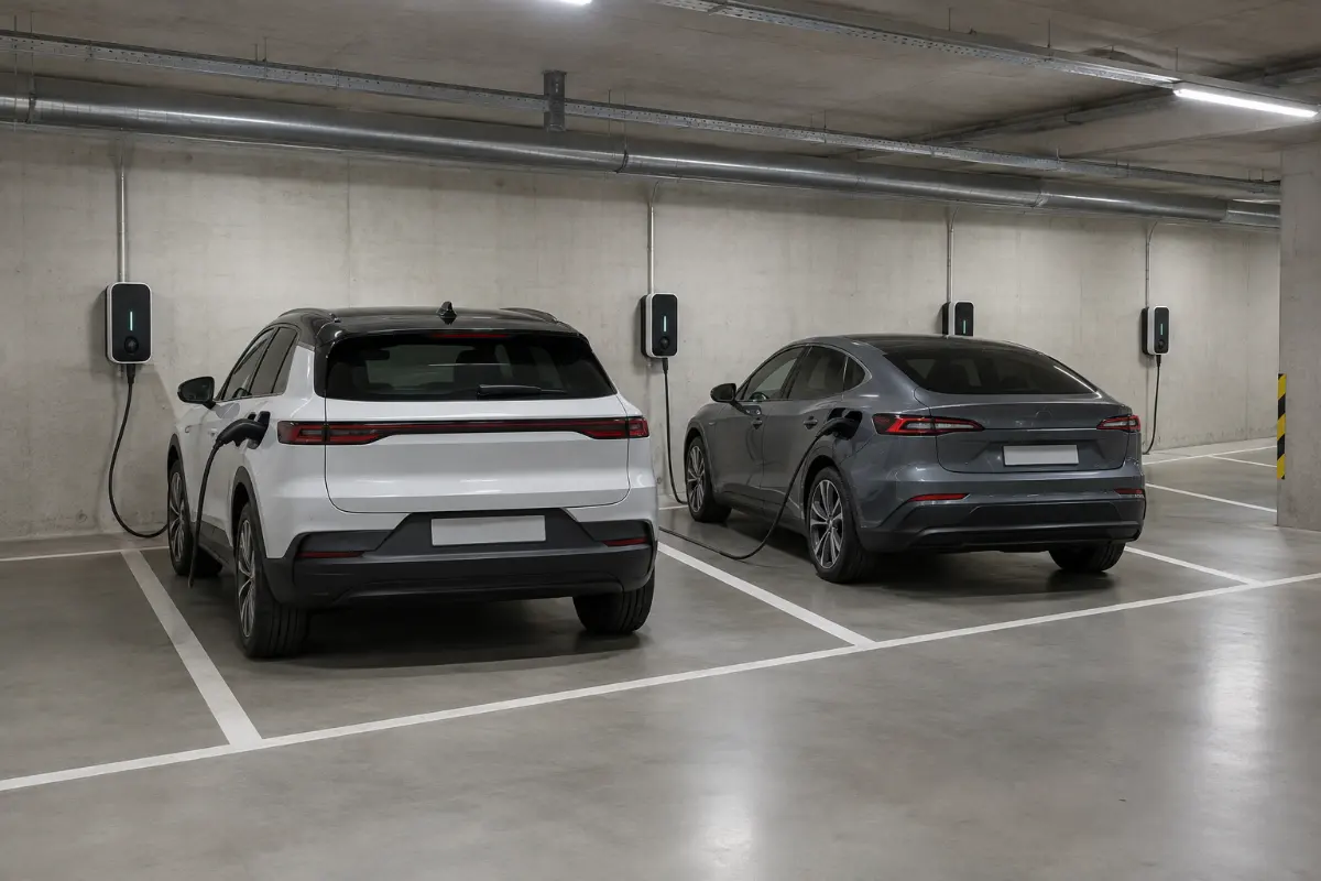 Laddboxar på väggen i ett garage under ett flerbostadshus