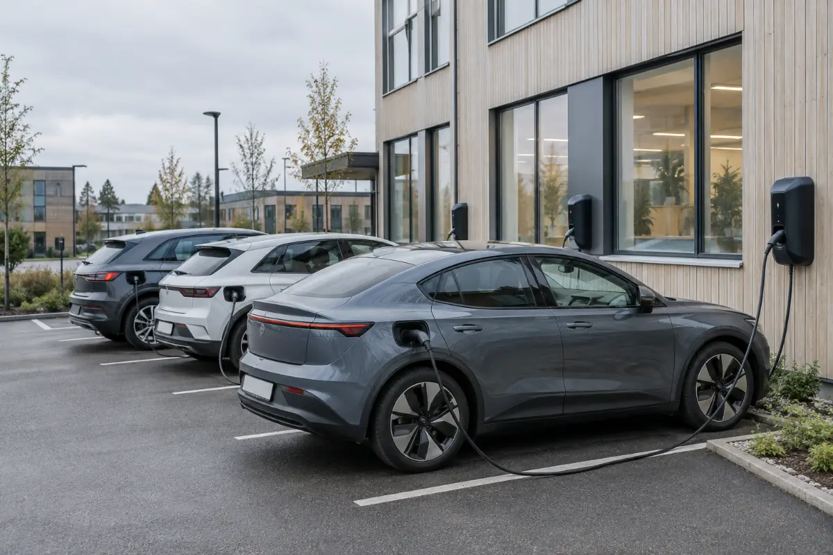 Elbilar som laddas på en personalparkering utanför ett kontor