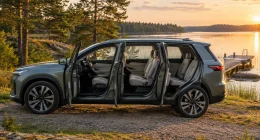 Stor eldriven SUV med sju säten och öppna dörrar vid en sjö