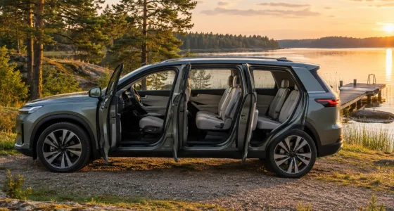 Stor eldriven SUV med sju säten och öppna dörrar vid en sjö