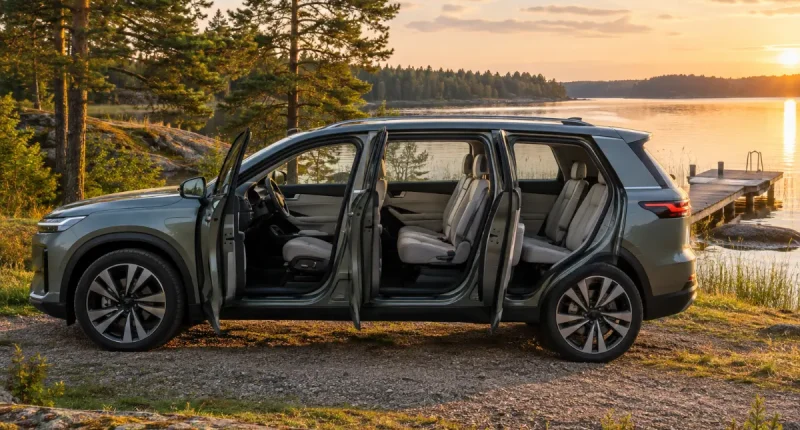 Stor eldriven SUV med sju säten och öppna dörrar vid en sjö