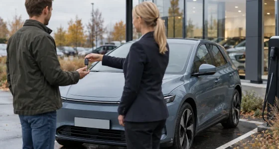 Säljare lämnar över bilnyckeln till en kund framför en blågrå elbil vid en bilhandlare
